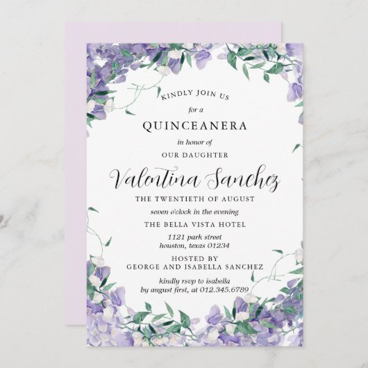 ボーモダンパープルエレガントフローラキンセアニェラ 招待状 (正面/裏面)