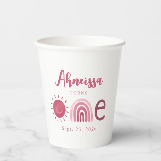 ボーモダンピンクレインボーサンシャインファースト誕生日 紙コップ (正面)