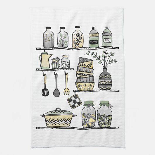 ボーモダンファームハウスキッチンシェルフイラストレーション キッチンタオル (縦)