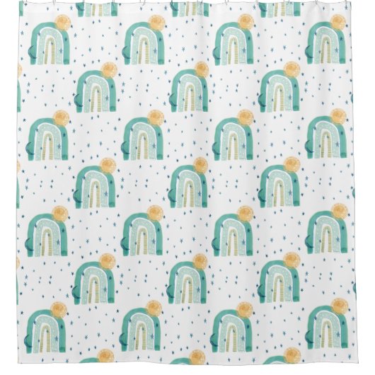 ボーモダンレインボーティール（緑がかった色）ブルーサンムーンネイビースターズ シャワーカーテン (正面)