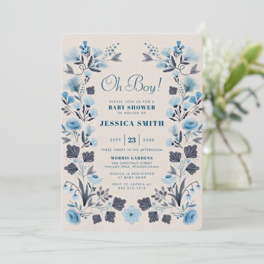 ボーモダンーフォークブルーボーイベビーシャワー 招待状 (スタンド正面)