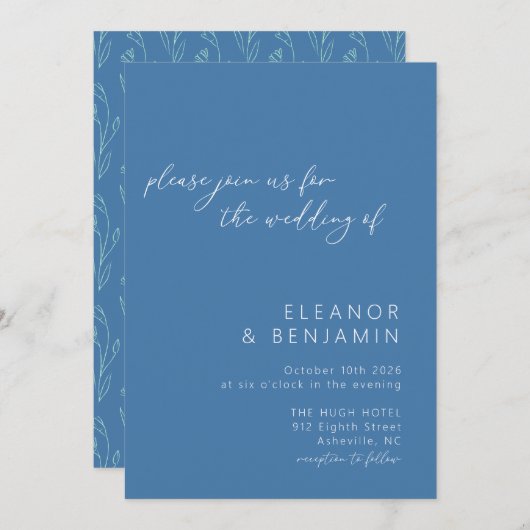 ボーモダンーフローララインアートブルー結婚スクリプト 招待状 (正面/裏面)