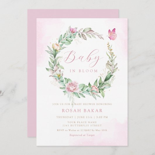 ボーモダンーベビーで開花フローラ女の子の赤ちゃんシャワー 招待状 (正面/裏面)