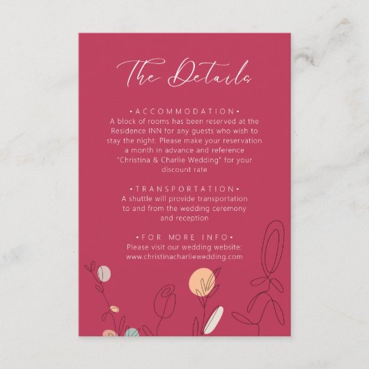 ボーモダンー明るい赤紫色ピンクラインアート結婚ズ詳細 エンクロージャーカード (正面)