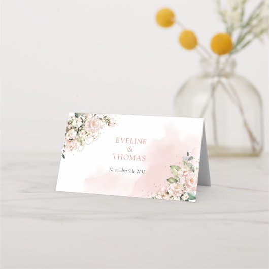 ボーモダンー赤面ピンクのバラのフローラ金ゴールドキラキラ プレイスカード (裏面)