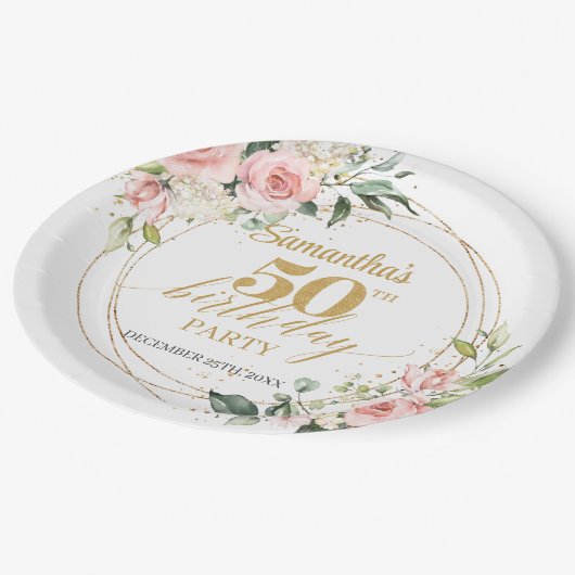 ボーモダンー赤面ピンクフローラ金ゴールド50歳 ペーパープレート (アングル)