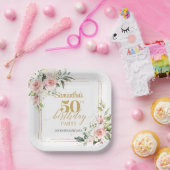 ボーモダンー赤面ピンクフローラ金ゴールド50歳 ペーパープレート (パーティー)