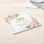 ボーモダンー赤面ピンクフローラ金ゴールド90歳 スクエアペーパーコースター (アングル)