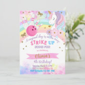 ボーリングとユニコーンの女の子の誕生日の招待。 招待状 (スタンド正面)