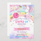 ボーリングとユニコーンの女の子の誕生日の招待。 招待状 (正面/裏面)