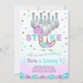 ボーリングとユニコーン女の子の誕生日招待状。 招待状 (正面)