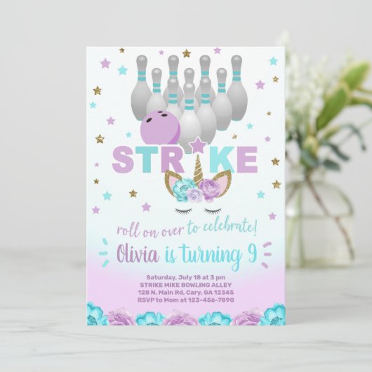 ボーリングとユニコーン女の子の誕生日招待状。 招待状 (スタンド正面)