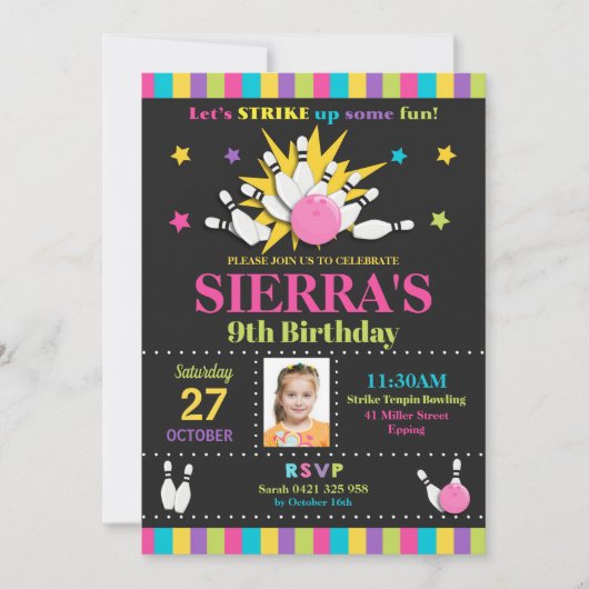 ボーリングのバースデーパーティ招待状の女の子 招待状 (正面)