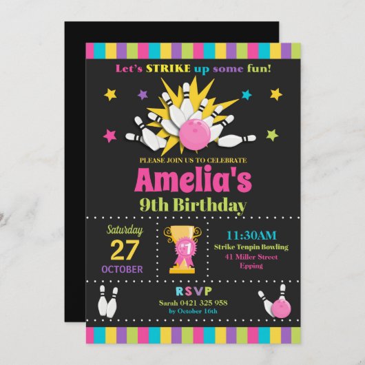 ボーリングのバースデーパーティ招待状の女の子 招待状 (正面/裏面)
