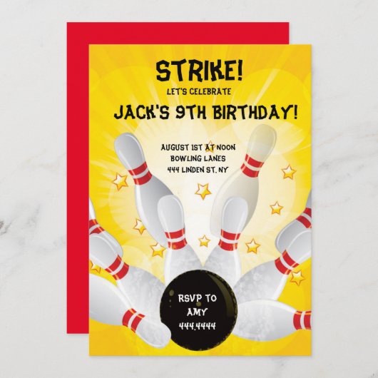 ボーリングのバースデーパーティ招待状 招待状 (正面/裏面)