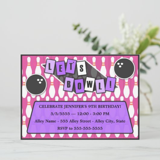 ボーリングのパーティーの誕生日の招待状のボーリングをしようピンク 招待状 (スタンド正面)