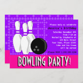 ボーリングの誕生会の招待-ピンクおよび紫色 招待状 (正面/裏面)