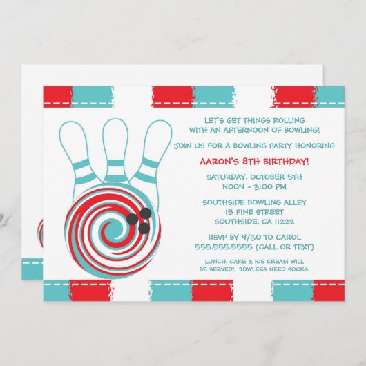 ボーリングの誕生会の招待/男の子か女の子 招待状 (正面/裏面)