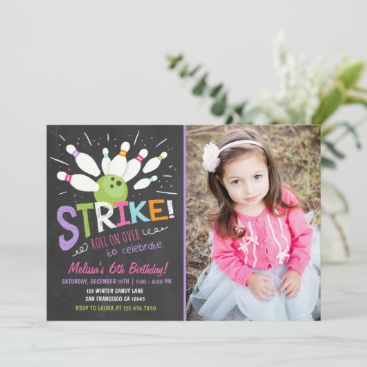 ボーリングの誕生日の招待状のピンクの紫色の女の子 招待状 (スタンド正面)