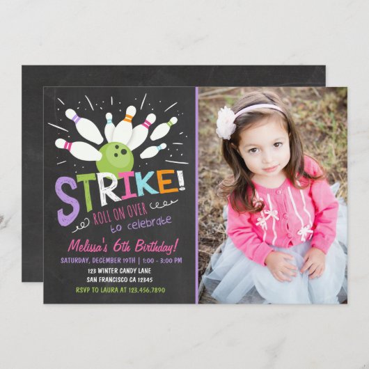 ボーリングの誕生日の招待状のピンクの紫色の女の子 招待状 (正面/裏面)