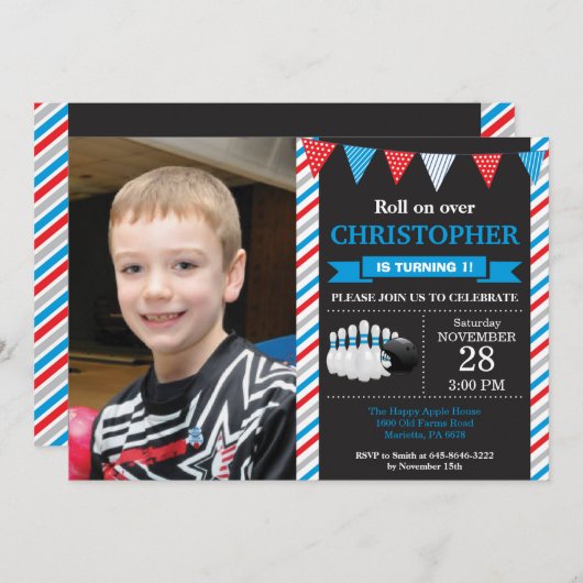 ボーリングの誕生日の招待状の第1誕生会 招待状 (正面/裏面)