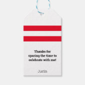 ボーリングの赤いストライプメッセージと名前をカスタム付けてピン留めする ギフトタグ (正面)