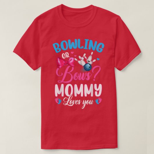 ボーリングや弓MOMMY愛する性別がピンクを明かす Tシャツ (デザイン正面)