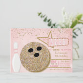 ボーリングをするパーティー、誕生日のピンクのグリッターの一見第10 招待状 (スタンド正面)