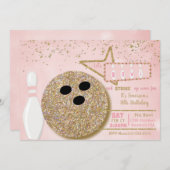 ボーリングをするパーティー、誕生日のピンクのグリッターの一見第10 招待状 (正面/裏面)