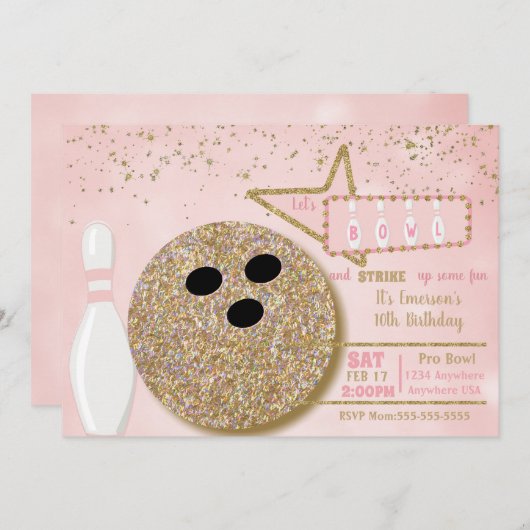 ボーリングをするパーティー、誕生日のピンクのグリッターの一見第10 招待状 (正面/裏面)