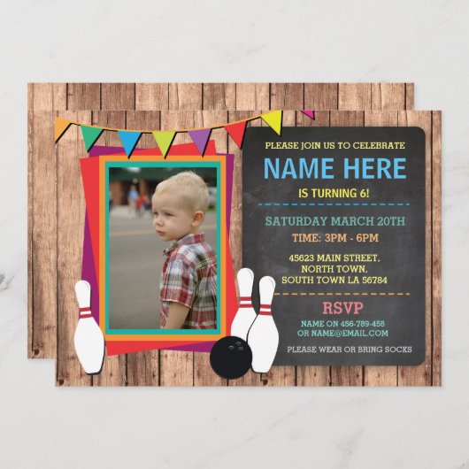 ボーリングをする招待の写真ボールの黒板の招待状 招待状 (正面/裏面)