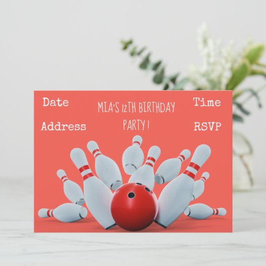 ボーリングをする10代の少女の誕生会 招待状 (スタンド正面)