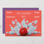 ボーリングをする10代の少女の誕生会 招待状 (正面/裏面)