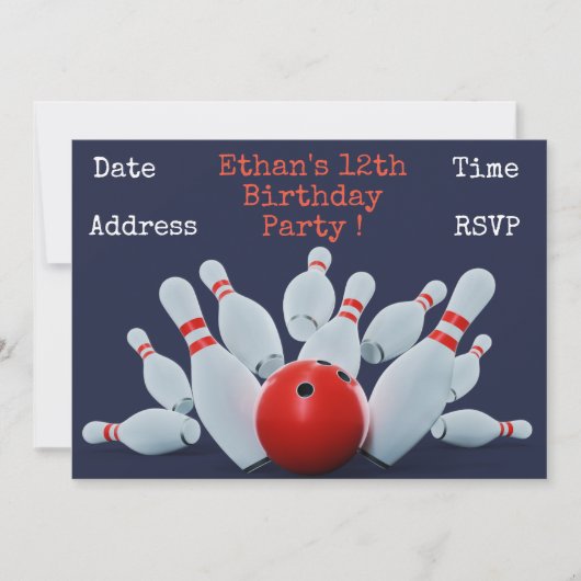 ボーリングをする10代の少年の誕生会 招待状 (正面)