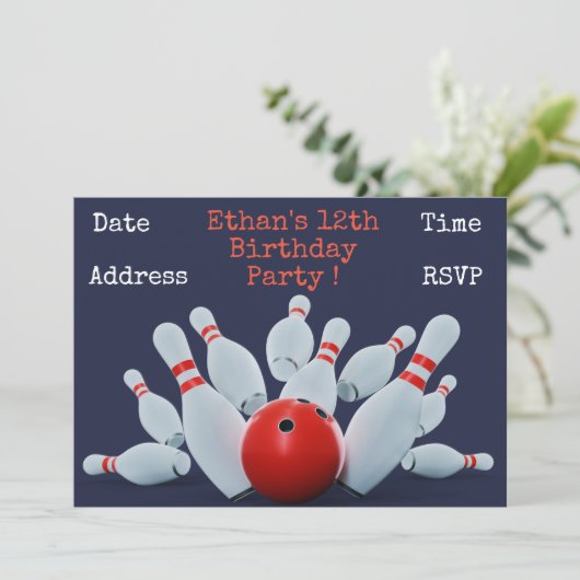 ボーリングをする10代の少年の誕生会 招待状 (スタンド正面)