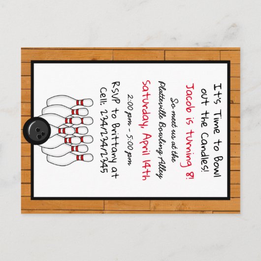 ボーリングをテーマにした誕生日パーティーの招待状 ポストカード (裏面)