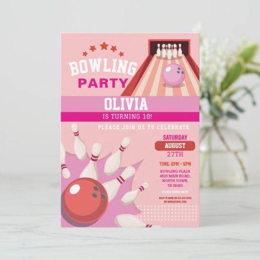 ボーリングストライクおもしろいボウルピンクガールズ誕生日 招待状 (スタンド正面)