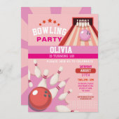 ボーリングストライクおもしろいボウルピンクガールズ誕生日 招待状 (正面/裏面)