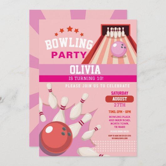 ボーリングストライクおもしろいボウルピンクガールズ誕生日 招待状 (正面/裏面)