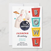 ボーリングストライクアップいくつかのおもしろいレトロボーイガール誕生日 招待状 (正面)