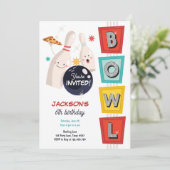 ボーリングストライクアップいくつかのおもしろいレトロボーイガール誕生日 招待状 (スタンド正面)