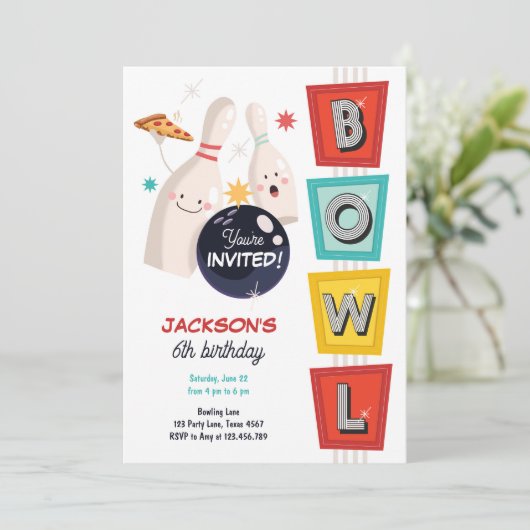 ボーリングストライクアップいくつかのおもしろいレトロボーイガール誕生日 招待状 (スタンド正面)