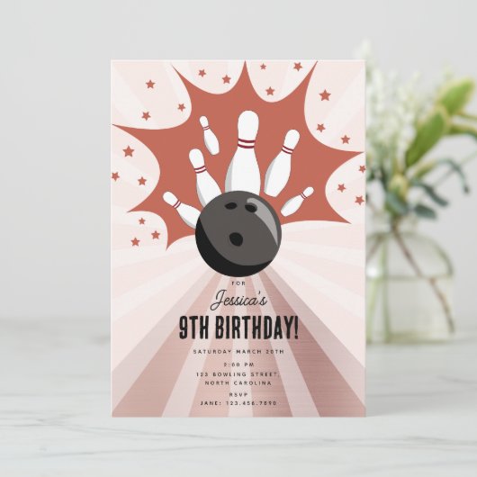 ボーリングストライクアップいくつかのおもしろい誕生日バラ金ゴールドガール 招待状 (スタンド正面)