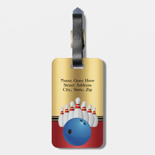 ボーリングスポーツボールとピンのパーソナライズ ラゲッジタグ (裏面縦)