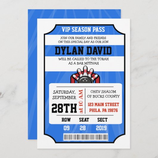 ボーリングチケットバーバルミツワー招待状 招待状 (正面/裏面)