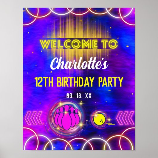 ボーリングネオングローパープルバースデーパーティーへようこそ ポスター (正面)