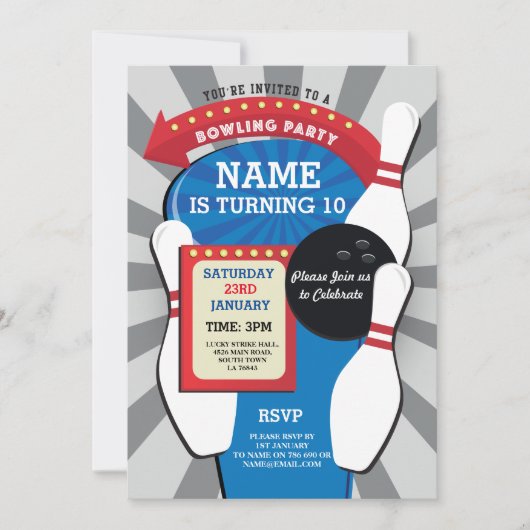 ボーリングバースデーパーティテンピンボーイズガールズ招待状 招待状 (正面)