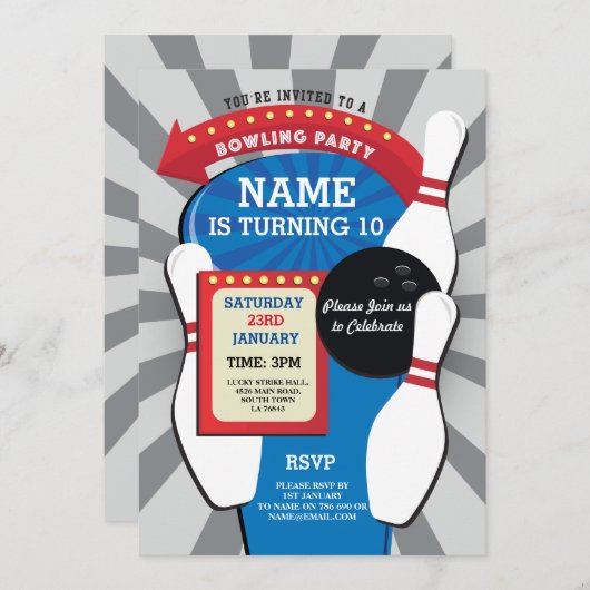 ボーリングバースデーパーティテンピンボーイズガールズ招待状 招待状 (正面/裏面)
