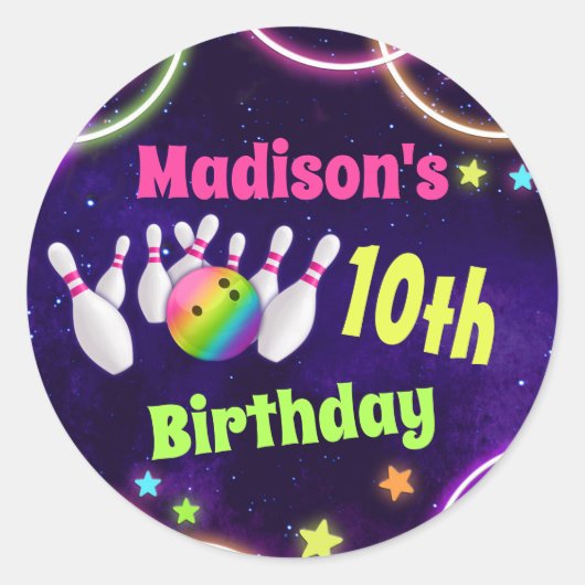 ボーリングバースデーパーティースティッカーラウンドまたはスクエア ラウンドシール (正面)