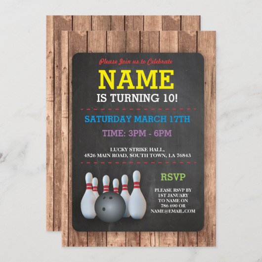 ボーリングバースデーパーティーテンピンボーイズガールズ招待状 招待状 (正面/裏面)